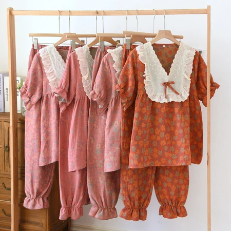 Yarn-dyed lace short-sleeved shirts and long pants for women's spring and summer underwear and home wear, all-cotton thin home pajama set Yarn-dyed lace short-sleeved shirts and long pants for women's spring and summer underwear and home wear, all-cotton thin home pajama set